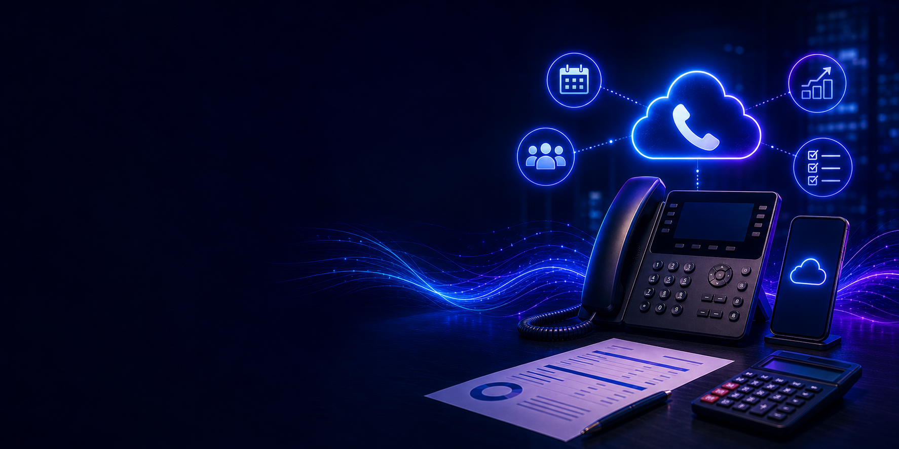Business phone system cost planning with a cloud phone system, telephone bill and calculator