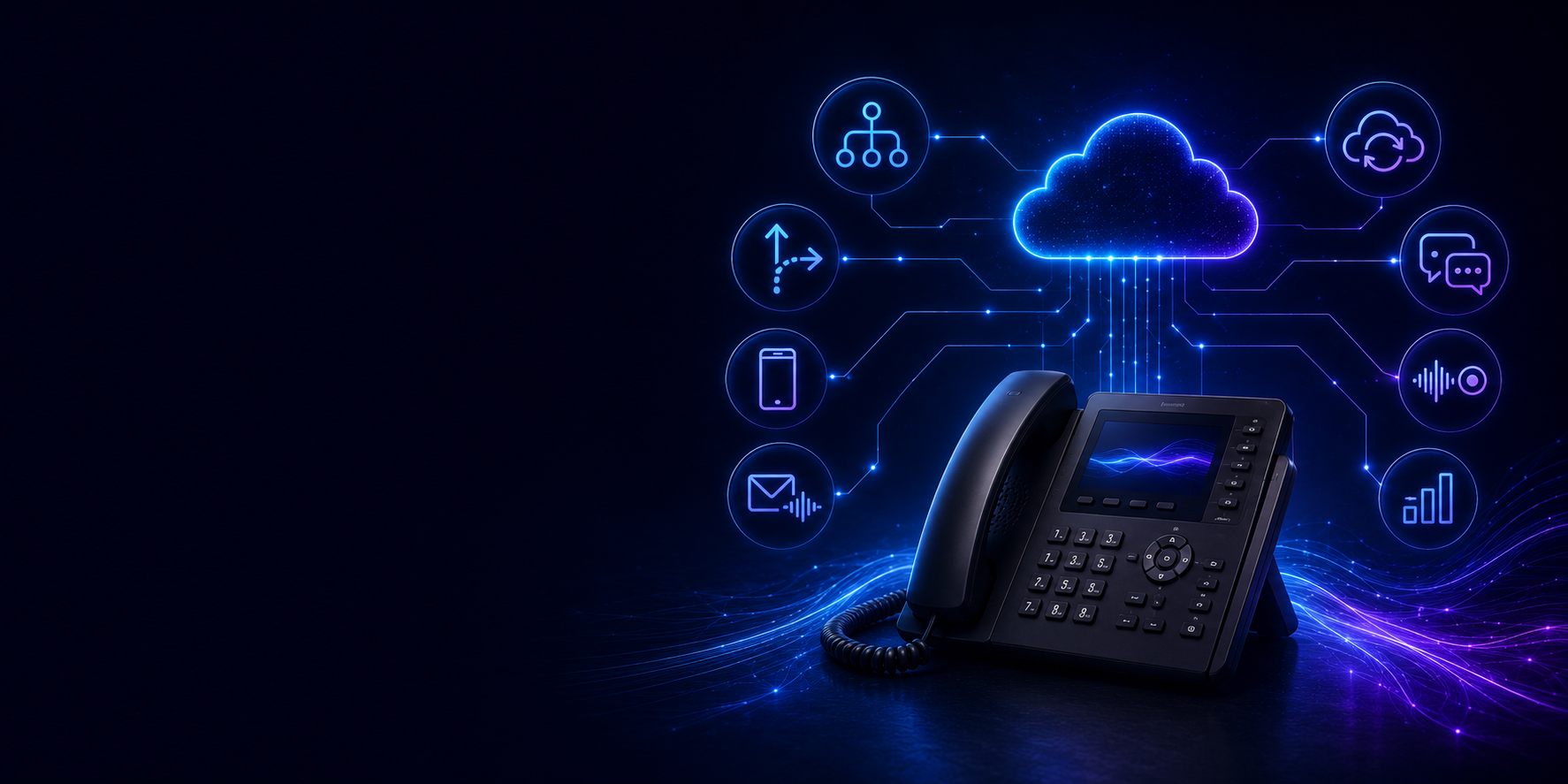 Cloud business phone system connected to calling, routing, mobile, texting, voicemail, recording, analytics, and continuity features.