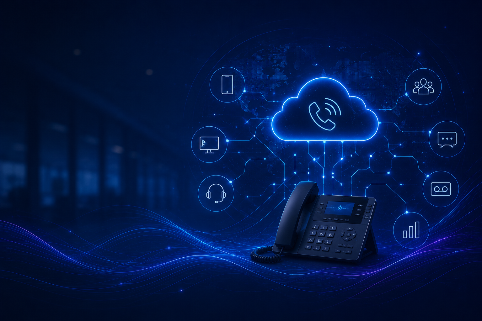 Modern cloud business phone system connecting employees, mobile devices, and business communications