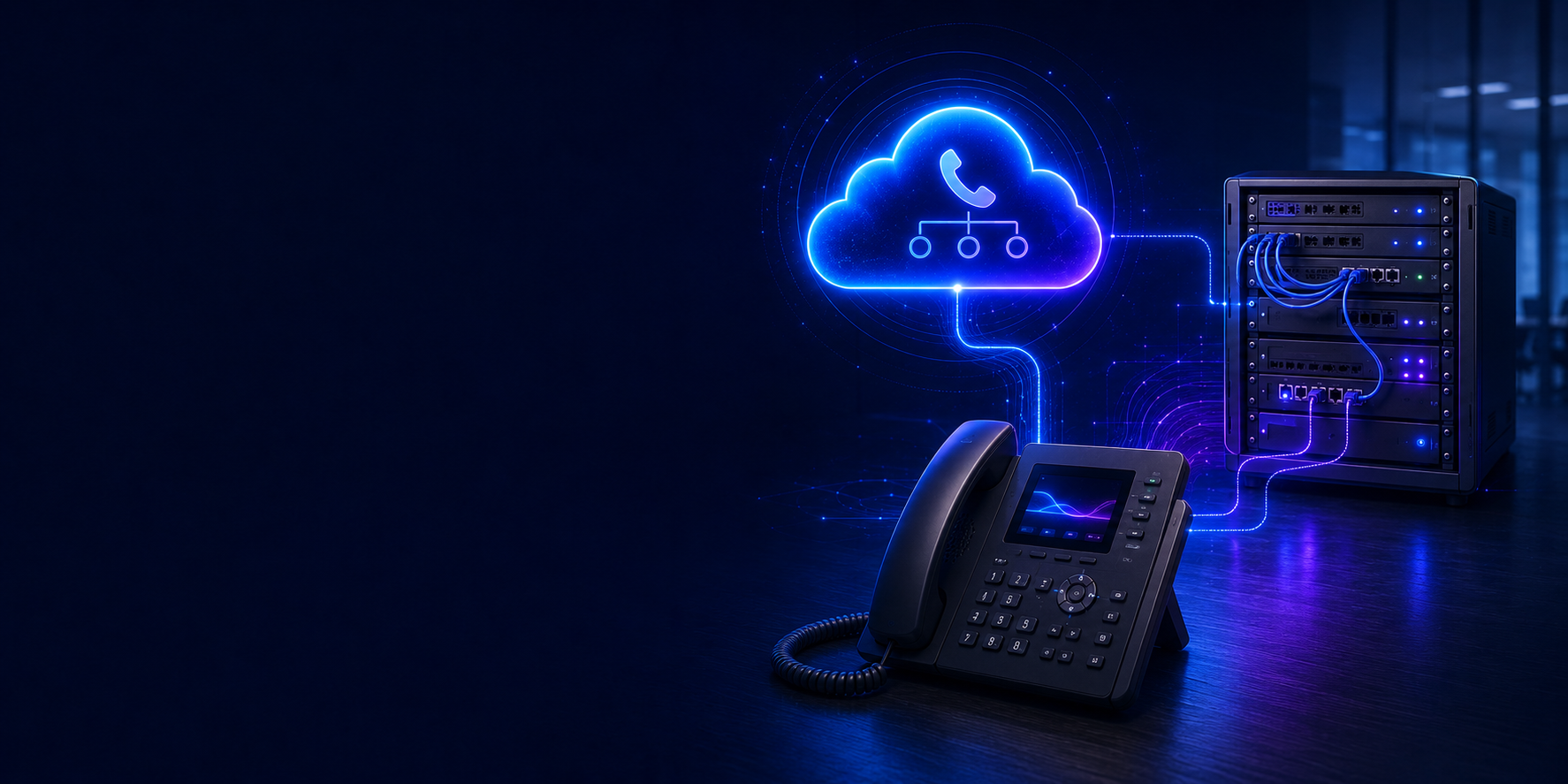 Hosted PBX cloud platform compared with an on-premise PBX server and business desk phone