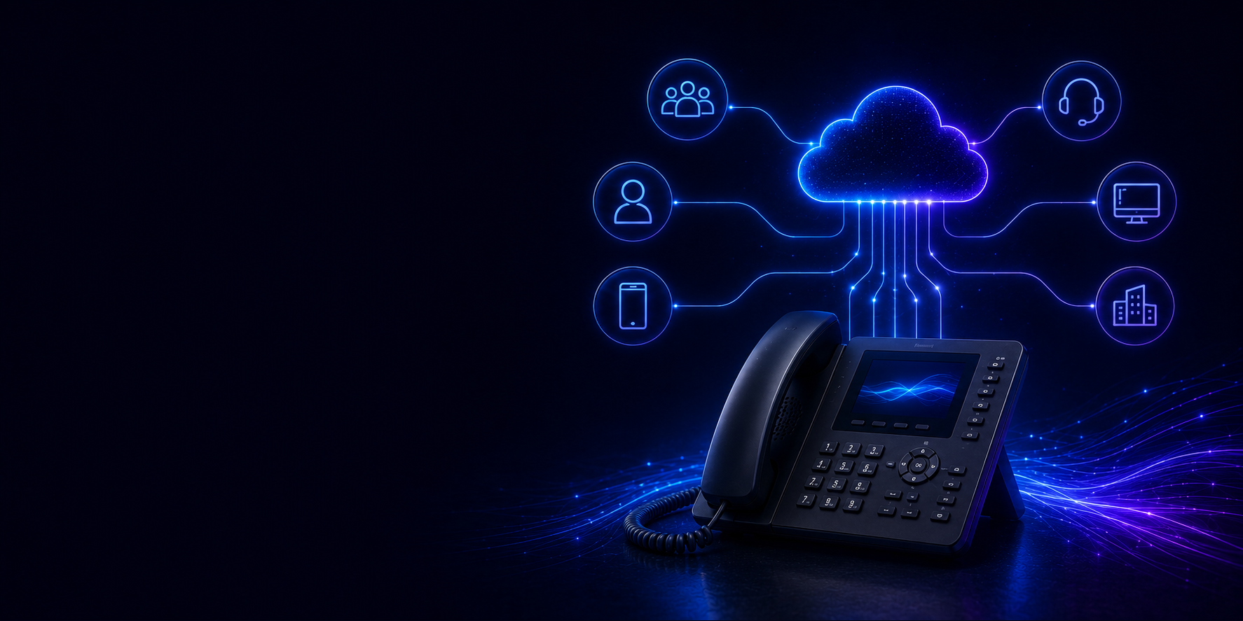 Cloud business phone system connecting multiple employees, devices, and locations through several simultaneous call paths.