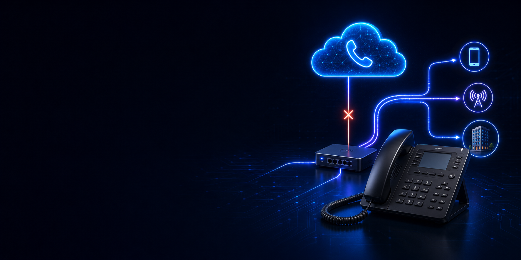 Cloud business phone system rerouting calls to a smartphone, cellular backup and another office after the primary internet connection fails.
