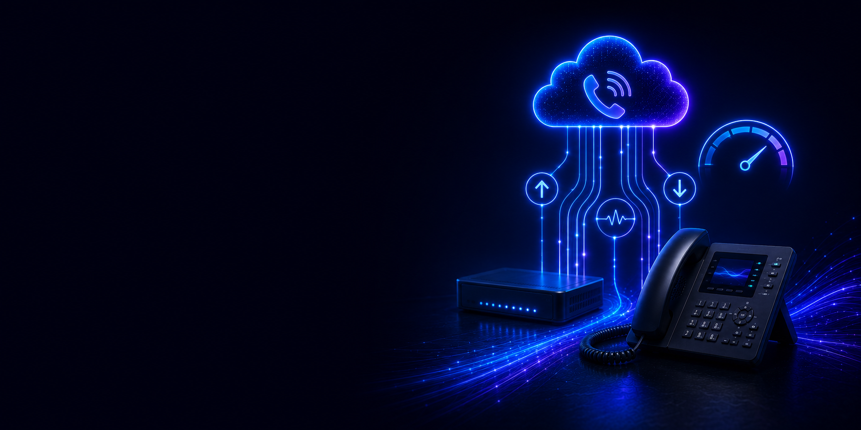 Cloud VoIP phone system connected through a business internet gateway with upload, download, stability, and speed indicators.