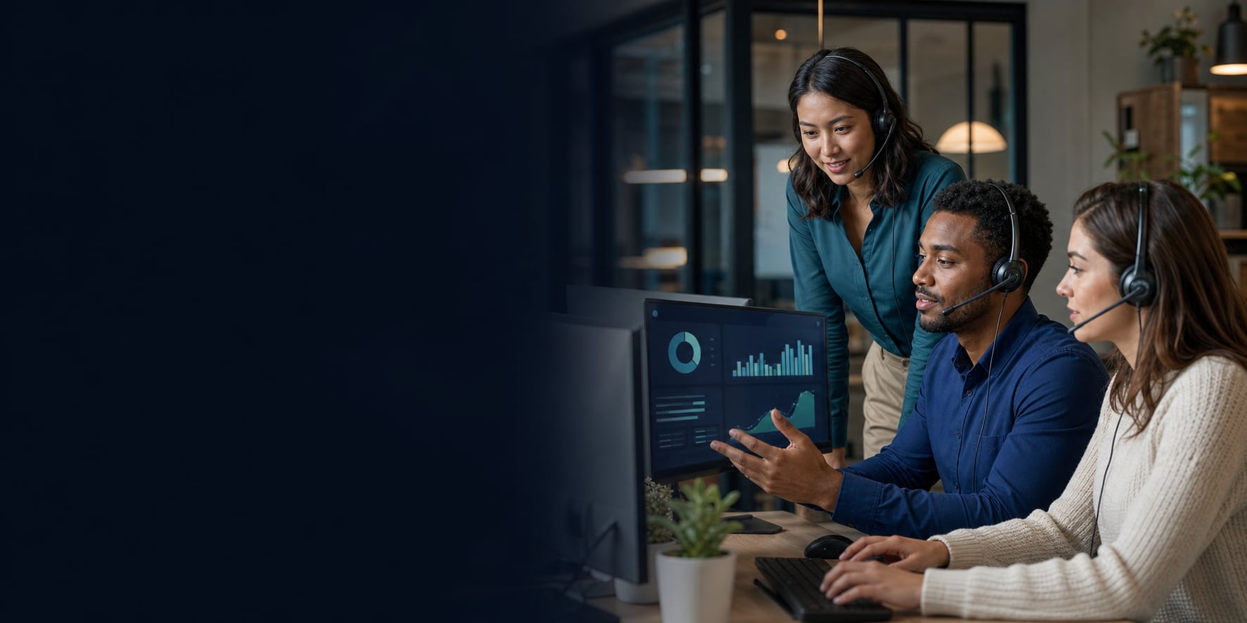 Modern business call center team managing customer calls and queues