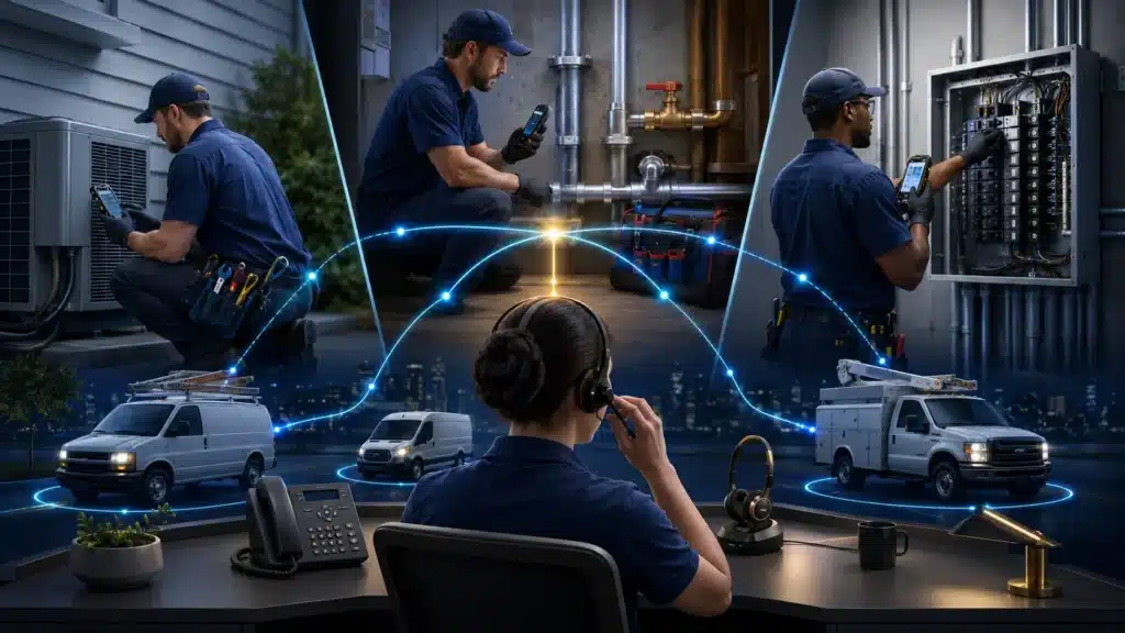 HVAC, plumbing and electrical technicians connected to a service dispatcher