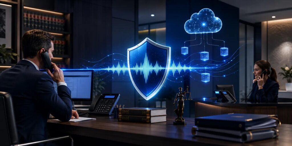 Encrypted voice call protected by a security shield inside a law office