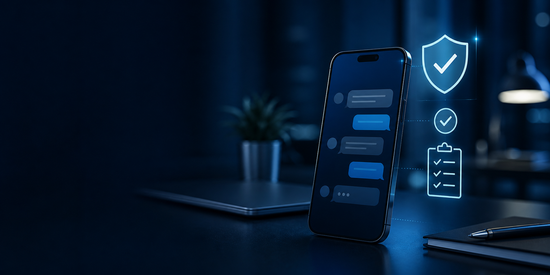 Modern business smartphone with messaging, verification shield and readiness checklist
