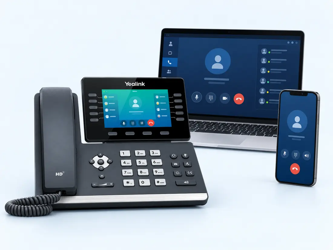 Desk phone, laptop and smartphone illustrating flexible business calling