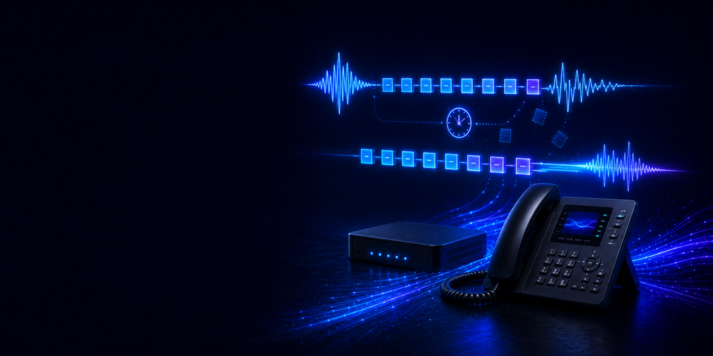 Business VoIP phone connected through a monitored data network illustrating call quality