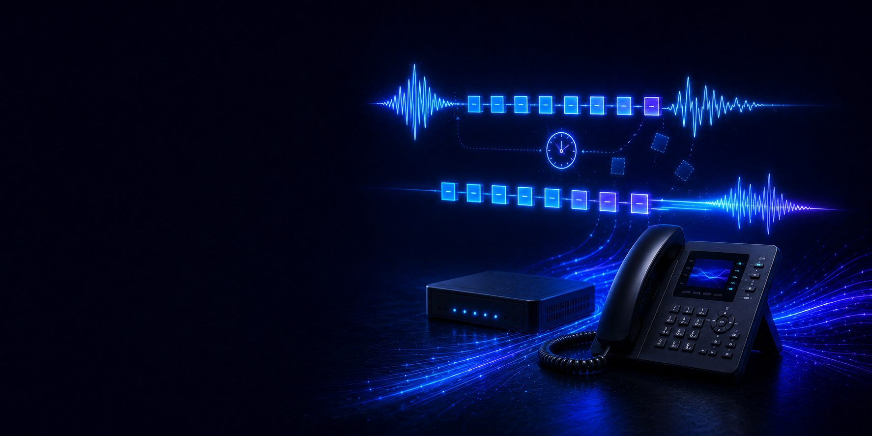 VoIP call-quality diagram illustrating jitter, latency, packet loss and QoS